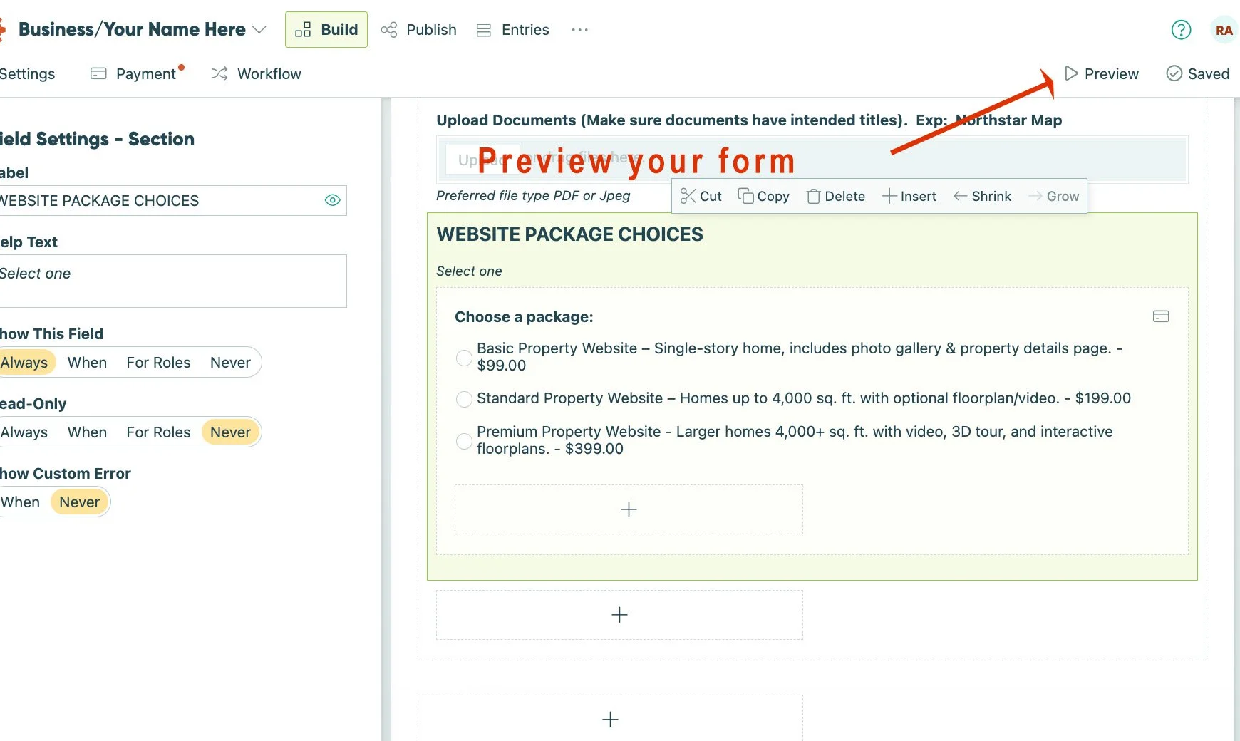 Screenshot of a website interface showing a form for uploading documents and selecting a package, with a red arrow pointing to a 'Preview' button and the text 'Preview your form'.