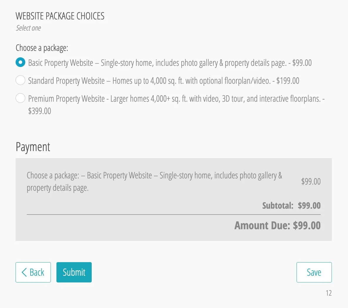 Screenshot of a website webpage showing options for choosing a property website package, with the first option selected for $99, and a payment summary with total due of $99.
