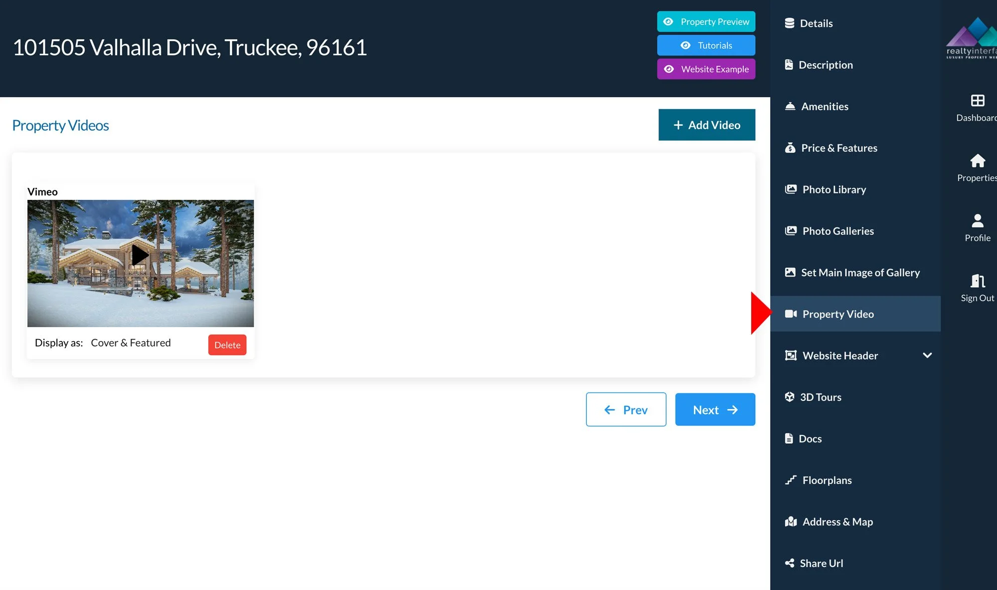 Real estate listing interface showing property video for a location in Truckee, including a thumbnail from Vimeo depicting a snowy scene and a timber house, with navigation and video management options visible.