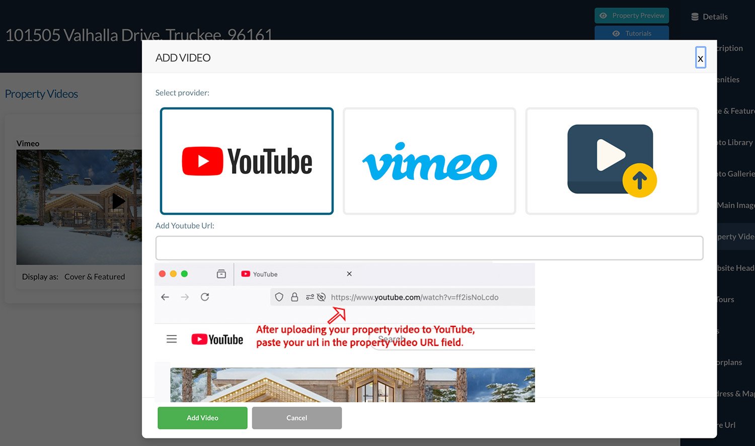 Screenshot of a video upload interface showing options to add videos from YouTube, Vimeo, or by uploading directly. There is a field to add a YouTube URL, and a section provides instructions for adding a property video URL.