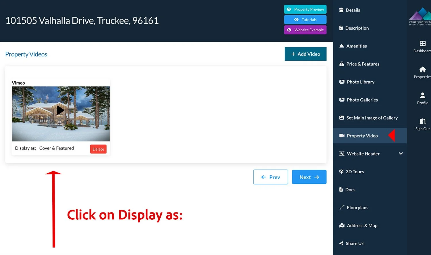 Dashboard interface for property video management with a snowy house image, showing options to add, delete, or set as cover and featured video.