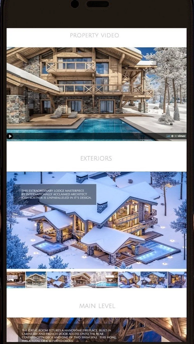 Screenshot of a luxury property video page featuring images of a snowy lodge with a wooden exterior, large windows, multiple levels, and an outdoor pool. Caption describes the architecture by Josh Kostner.