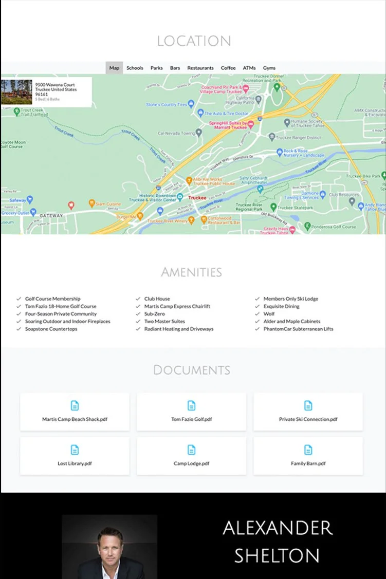 Webpage displaying a map of Truckee, California with nearby amenities and documents. It lists amenities like a golf course and ski lodge, and includes documents with titles such as 'Martis Camp Beach Shack' and 'Family Barn.' The page also features a photo of a person identified as Alexander Shelton.