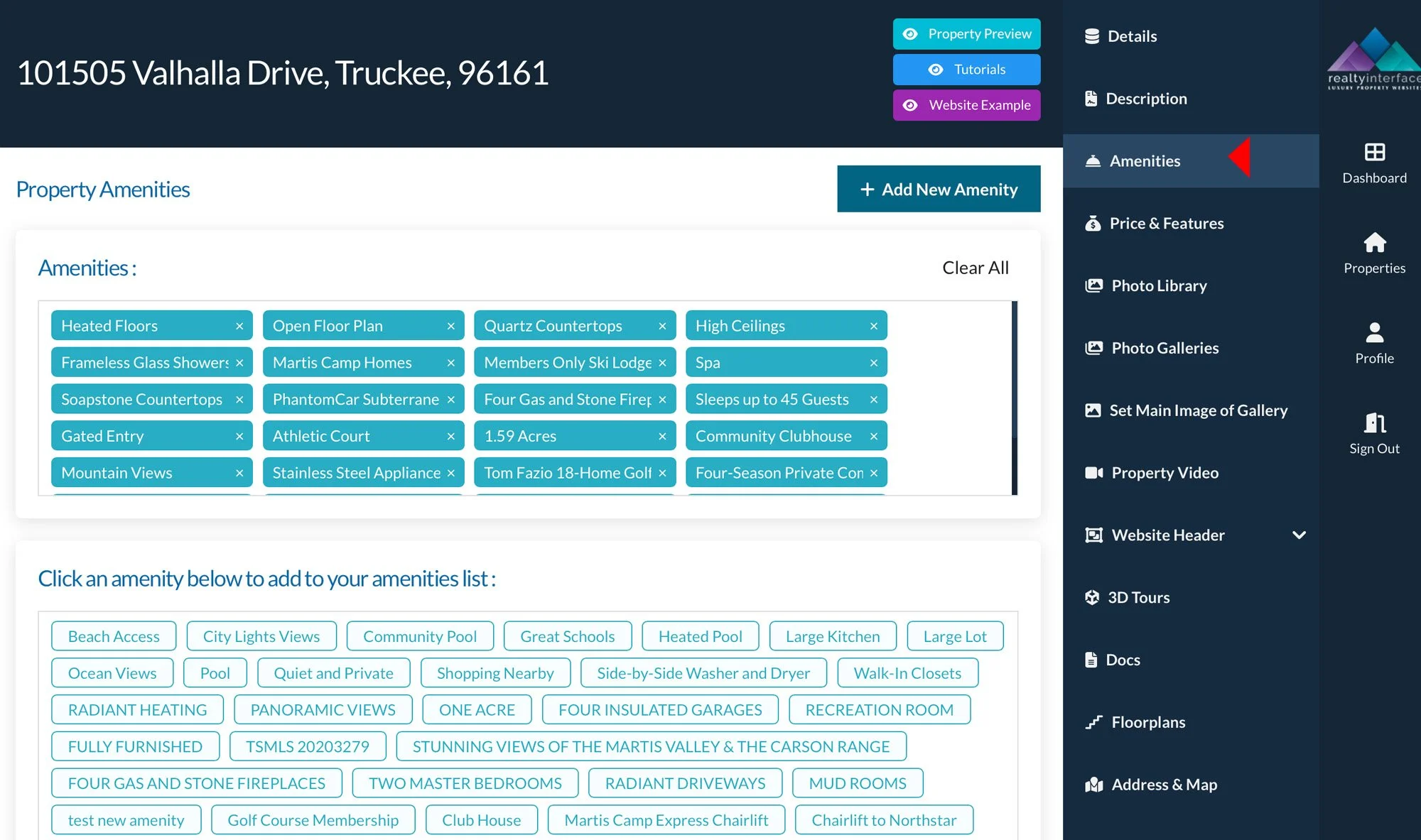 Real estate website interface displaying amenities for a property at 101505 Valhalla Drive, Truckee, 96161. The page includes selected amenities like heated floors, open floor plan, and quartz countertops. The sidebar features navigation options for property preview, details, description, and other property management tools.