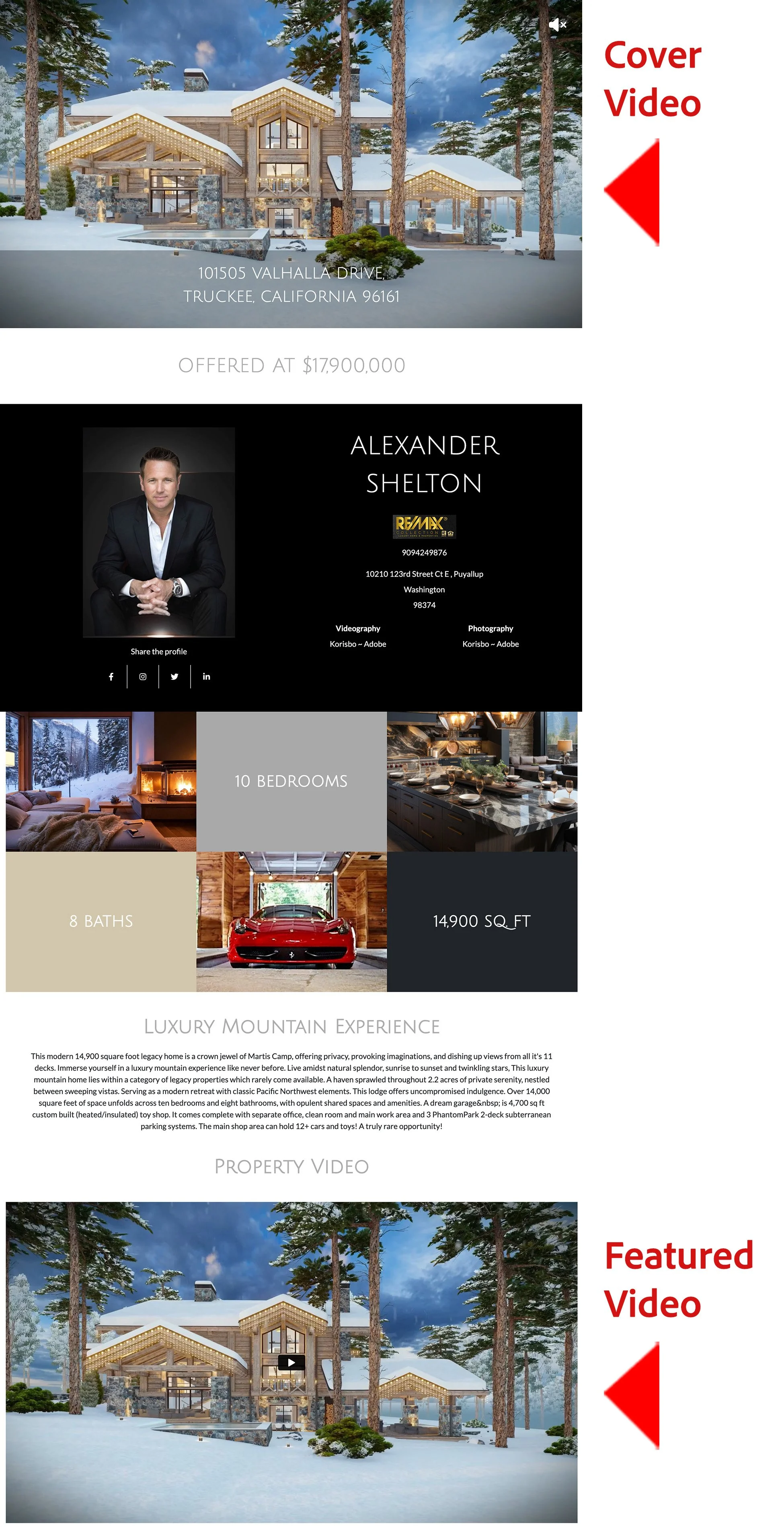 Real estate listing for a luxury mountain home in Truckee, California, priced at $17,900,000. Features include 10 bedrooms, 8 bathrooms, and 14,900 square feet. Includes images of the property, contact details for Alexander Shelton, and links to social media. Cover and property videos are highlighted.