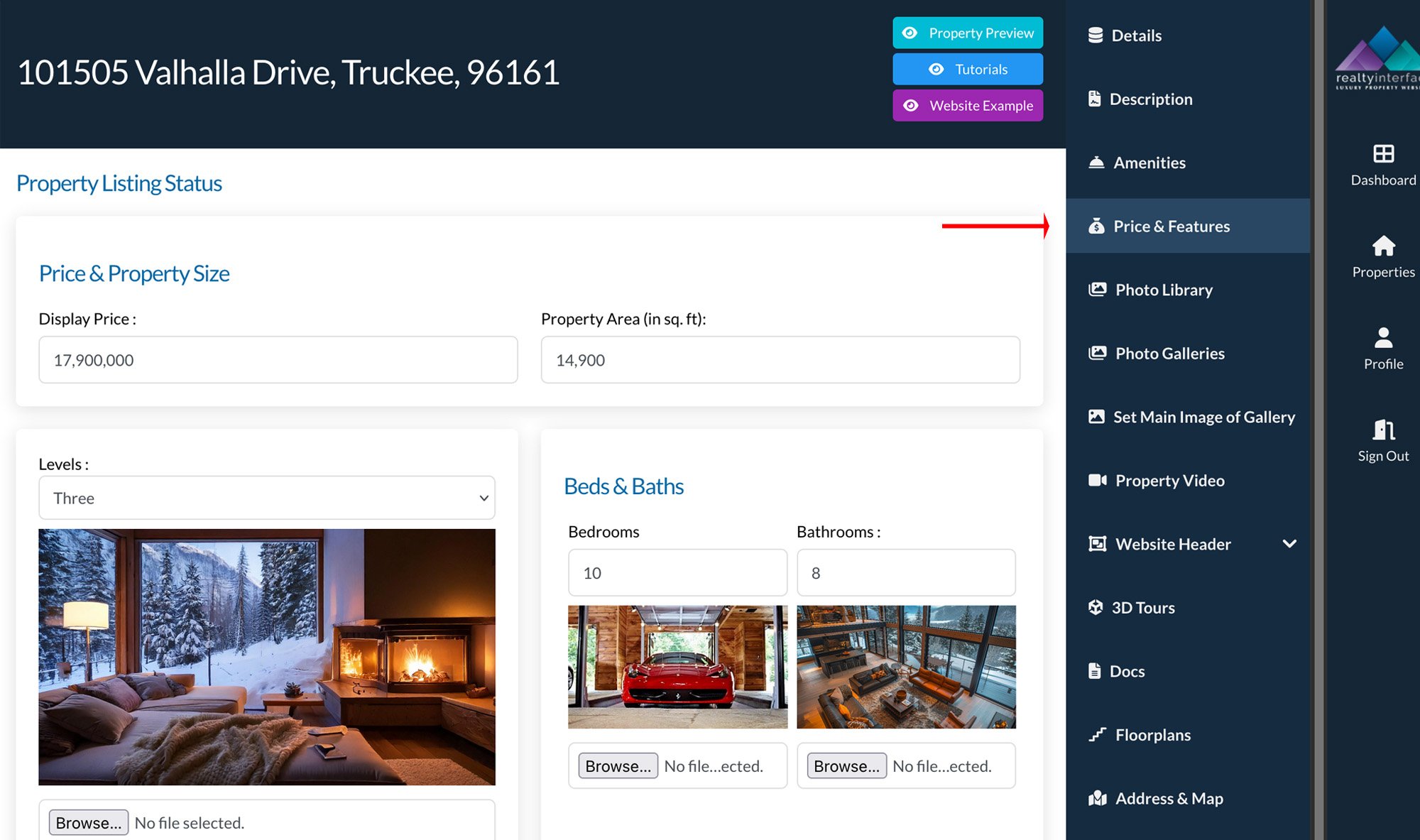Real estate property listing page showing a house at 101505 Valhalla Drive, Truckee. It includes property details such as price ($17,900,000), area (14,900 sq. ft.), and features like 10 bedrooms and 8 bathrooms. Images of a living room with a fireplace and a garage with a car are displayed. A menu on the right offers navigation options like Details, Description, and Photo Library."