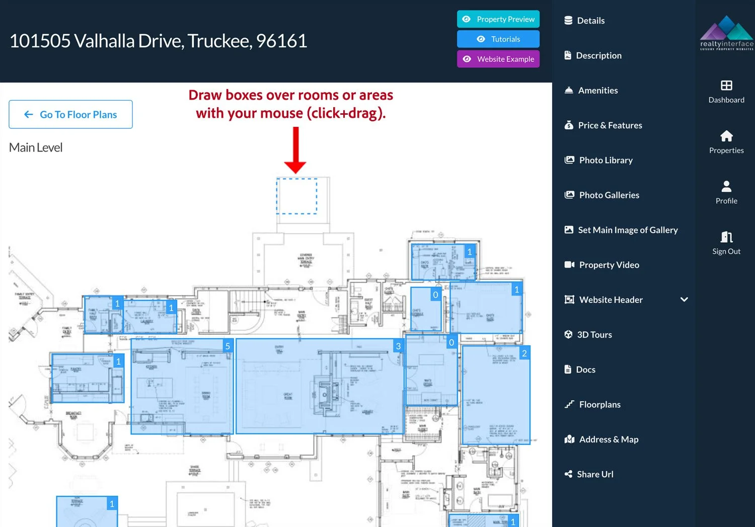 Screenshot of a real estate website interface displaying the floor plan for a property at 101505 Valhalla Drive, Truckee, 96161. The floor plan is highlighted in blue sections, and the interface includes navigation options like property details, descriptions, amenities, price & features, and more on the right side.