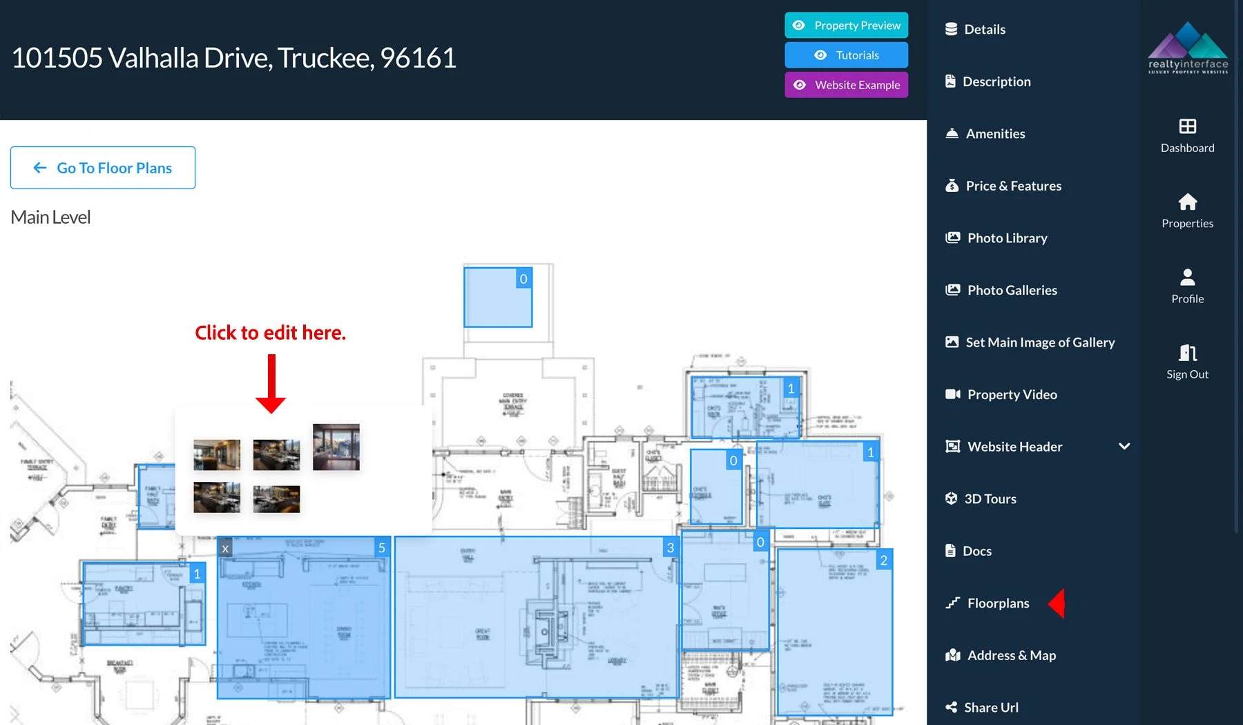 Real estate website interface showing a detailed floor plan, property address at 101505 Valhalla Drive, Truckee 96161, and side menu with options like Details, Description, and Floorplans.