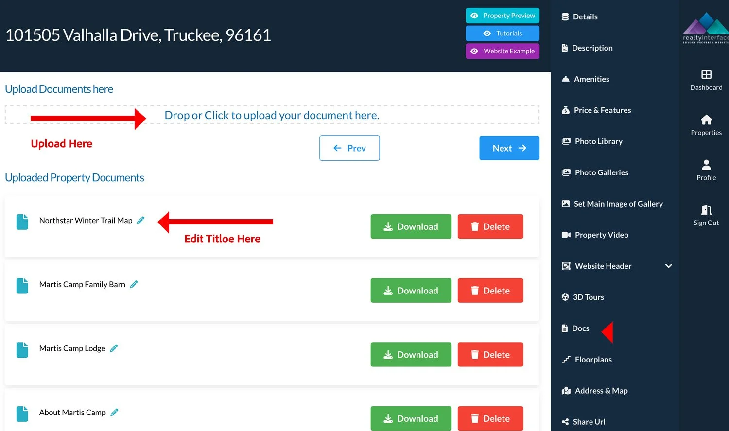 Screenshot of a document upload web interface for 101505 Valhalla Drive, Truckee, featuring options to upload documents, download or delete existing documents, and a navigation sidebar with sections like Details, Description, and Photo Library.