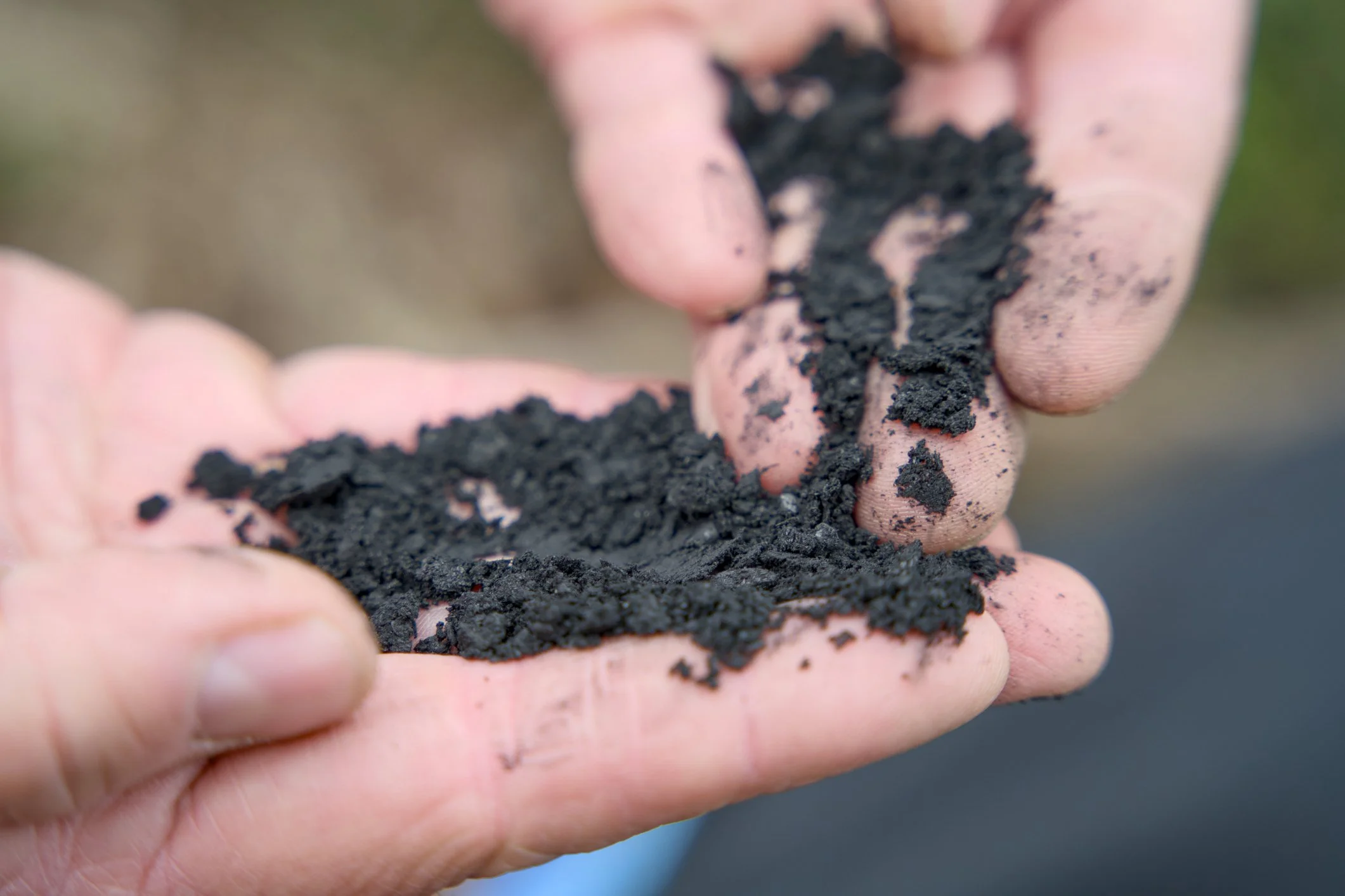 Close-up of a person's hands holding and inspecting carbon rich soil.