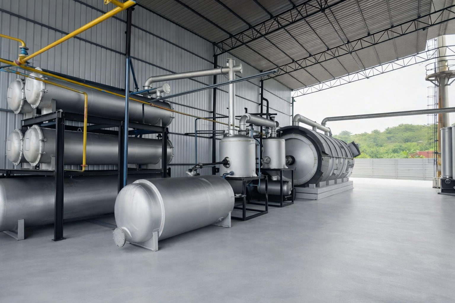 modular tire pyrolysis processing equipment in industrial warehouse
