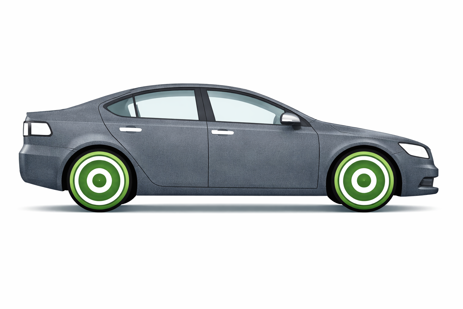 Side view of a gray electric sedan with green rims.