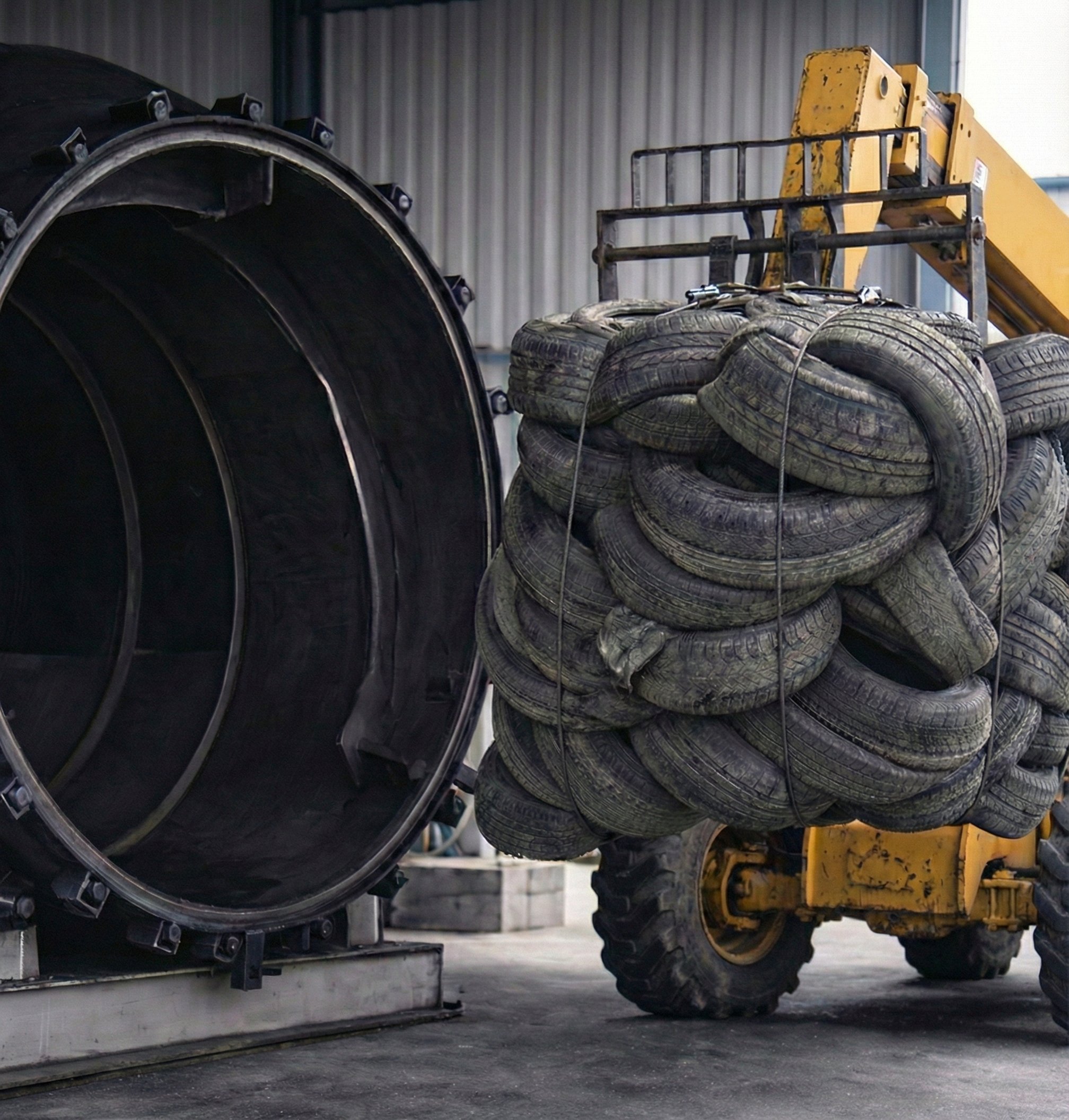 Baled tires being loading into a pyrolysis batch feed reactor