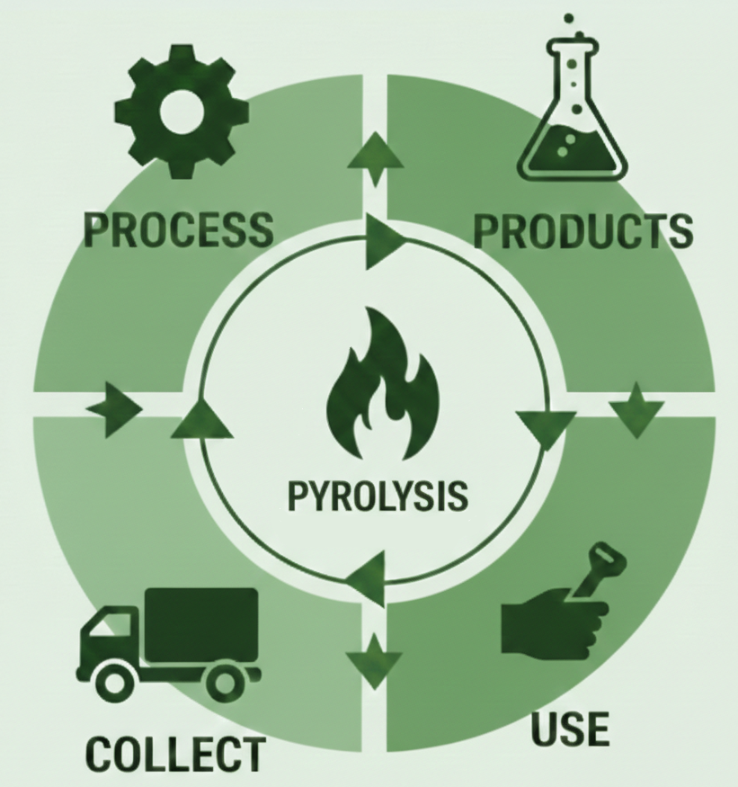 Pyrolysis Circular Economy- products, use, collect, process