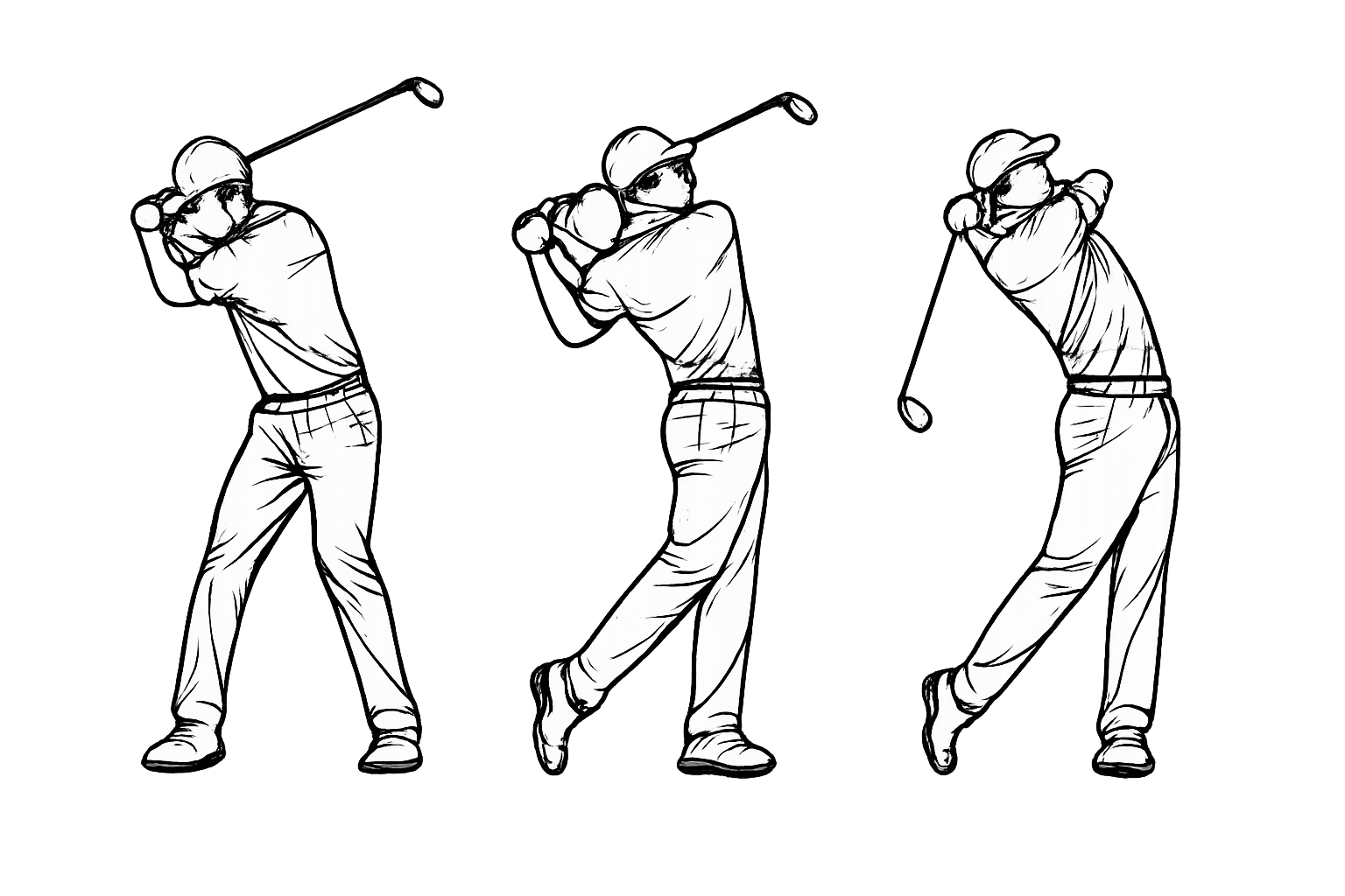 Black and white illustration of a man swinging a golf club in three different positions.