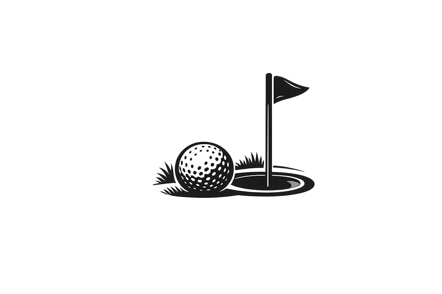 Black and white illustration of a golf ball next to a hole with a flagstick, set on a gray background.