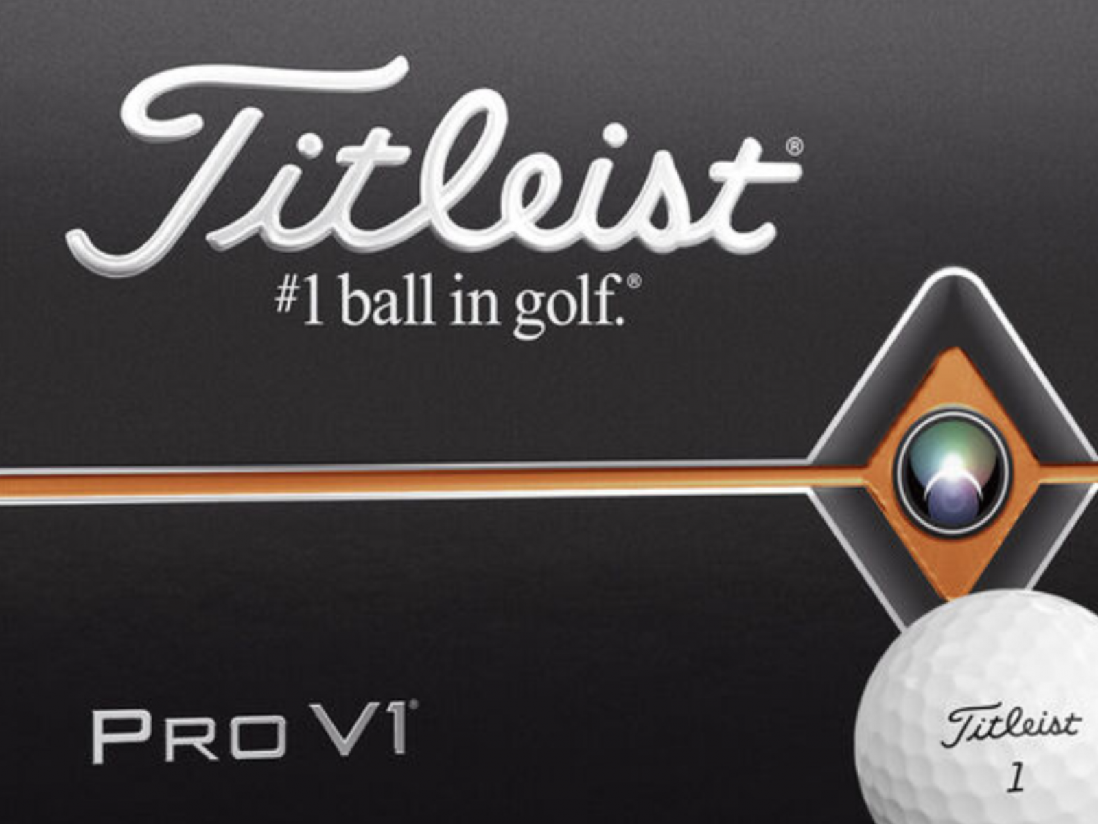 Packaging of Titleist Pro V1 golf balls with a visible golf ball labeled 'Titleist 1' and a graphic logo.