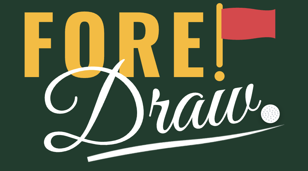 Text saying 'FORE! Draw' with a red flag on a golf tee and a golf ball, on a green background.