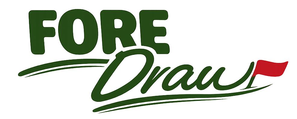 Brand logo for ForeDraw, FORE! and Draw, in yellow and green fonts with a red flag and a golf ball