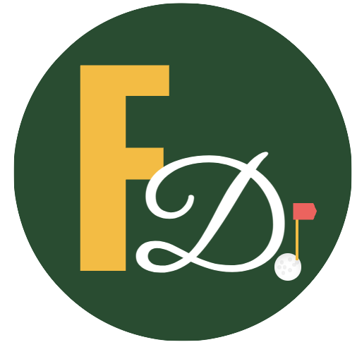 A circular logo with a green background, featuring a large yellow letter 'F', a white cursive letter 'D', and a small red putting cup with a golf ball on a tee.