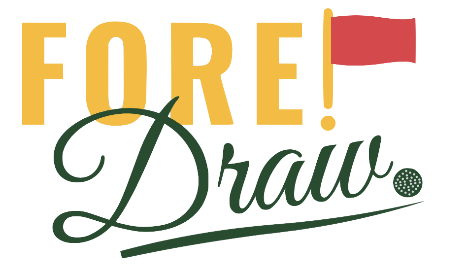 Brand logo for ForeDraw, FORE! and Draw, in yellow and green fonts with a red flag and a golf ball