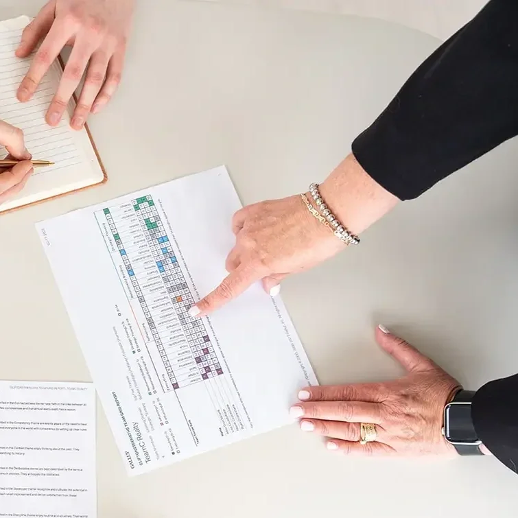 Two people reviewing a financial report or chart on a table, with one person pointing at the document.