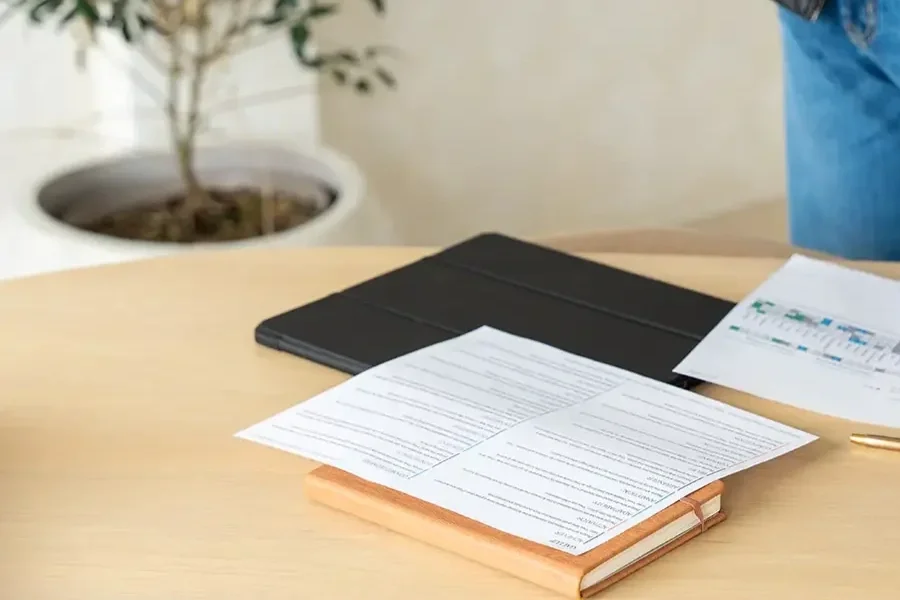 Desk with open documents, a black tablet, a pen, and a closed book, with a potted plant in the background.