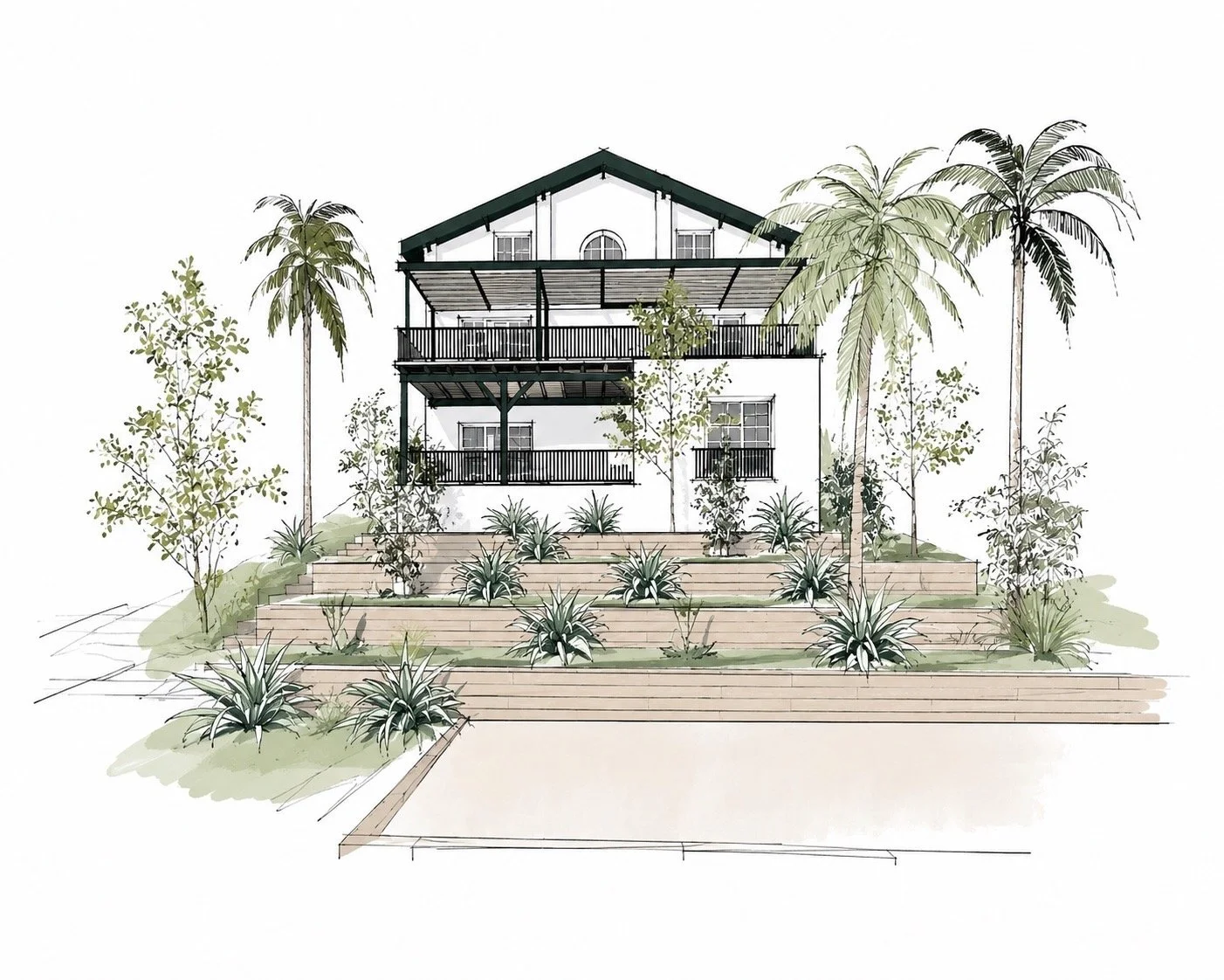 Un dessin architectural d'une maison à deux étages avec une terrasse surélevée et un jardin avec des plantes tropicales, notamment des palmiers.