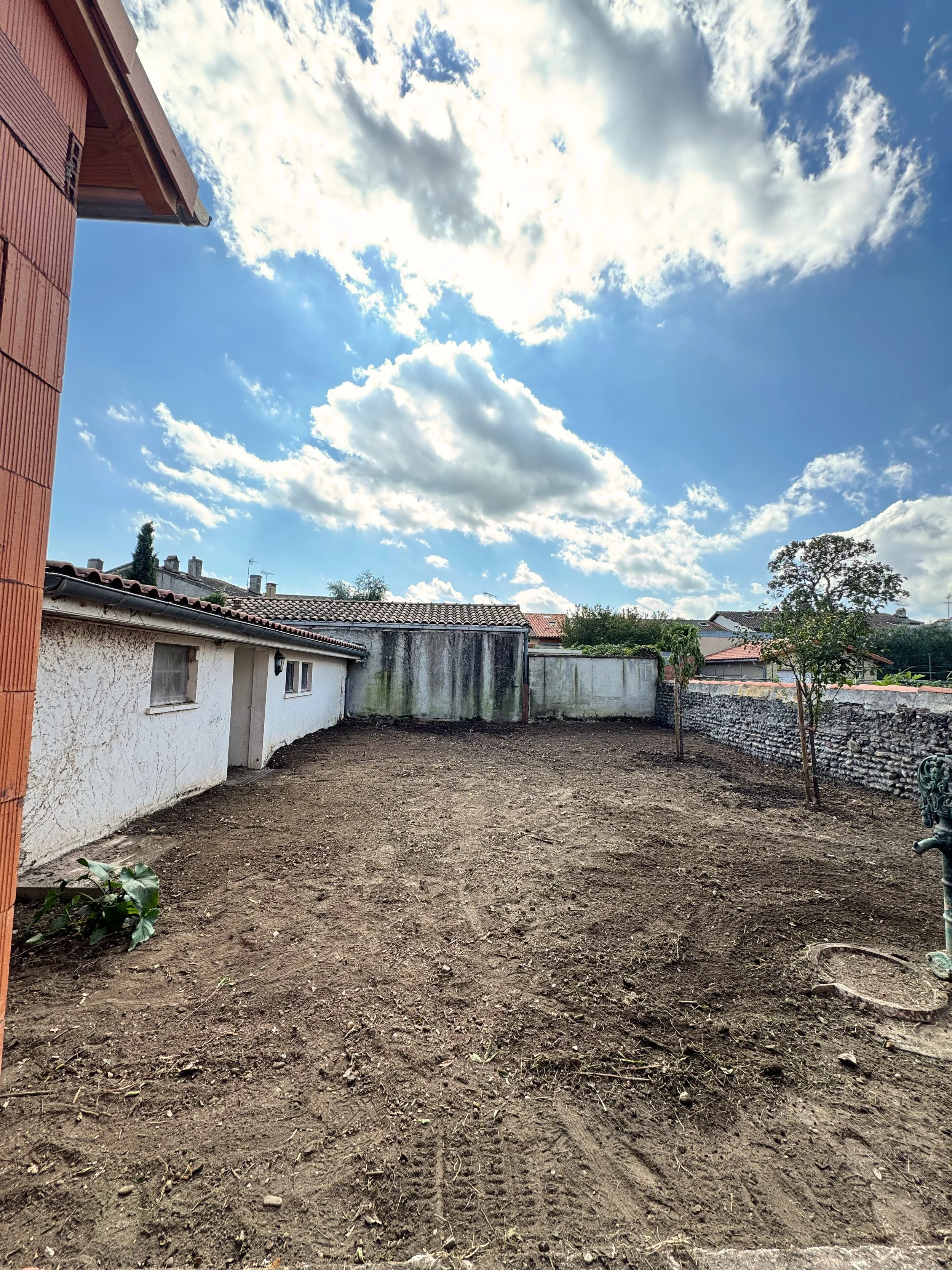 Cour arrière avec sol en terre, une petite plante verte, une petite arbre, murs en pierre, et maisons avec toits en tuiles, ciel bleu avec des nuages blancs.