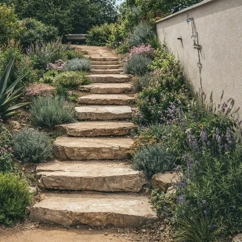 Escalier en pierre menant vers un jardin avec des plantes et des fleurs colorées sur les côtés.