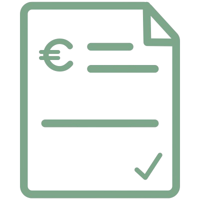 Icône d'un document avec symbole euro, ligne de texte, et coche de validation.