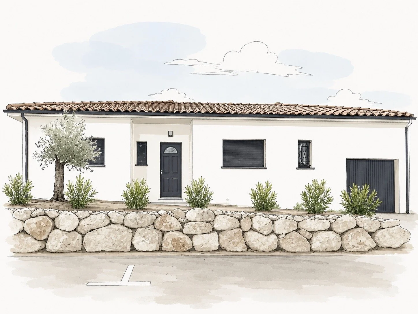 Illustration d'une maison moderne à une étage avec un toit en tuiles, une porte noire, des fenêtres avec volets noirs, un garage et un jardin avec un arbre et des arbustes, entourée d'un mur de pierres.