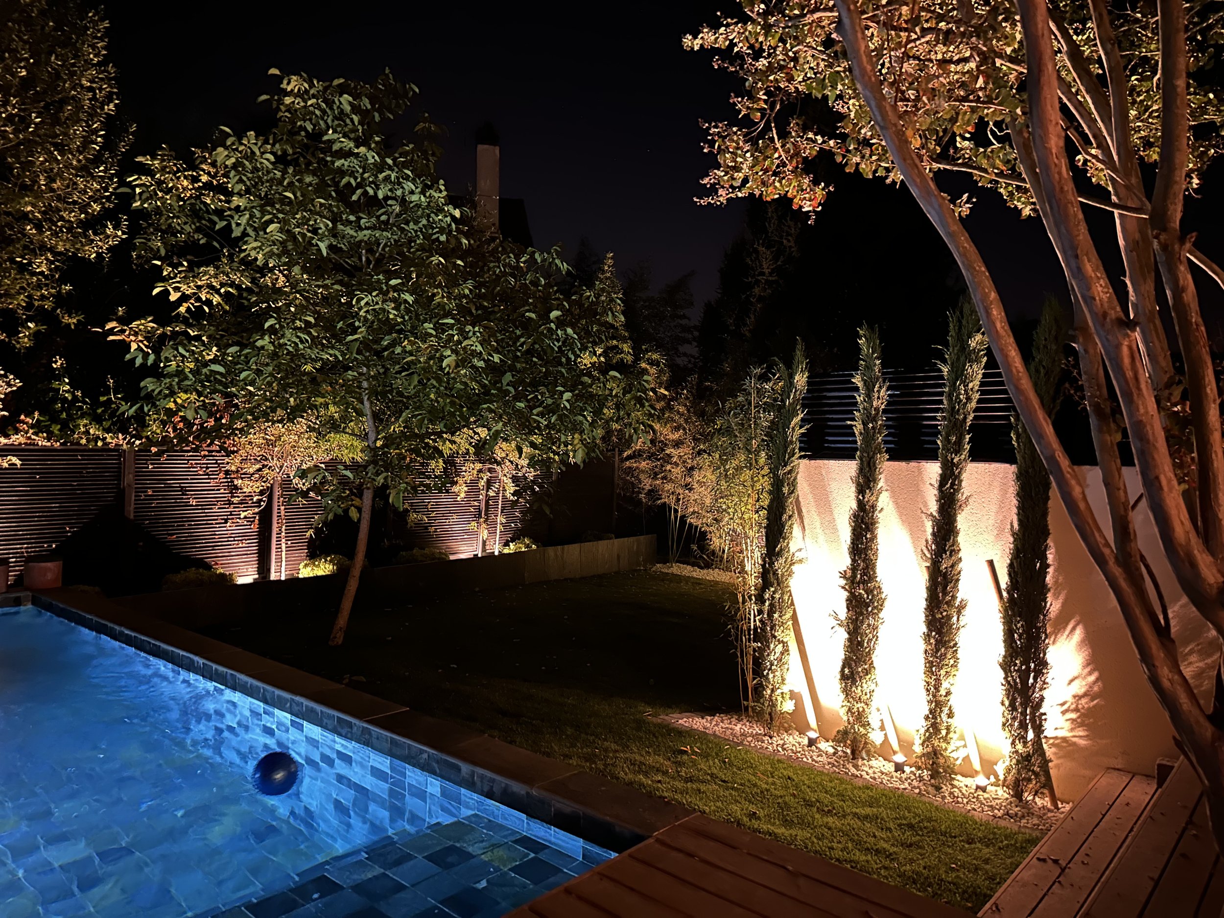 Piscine éclairée la nuit, jardin avec arbres et arbustes, mur de clôture en bois, éclairage extérieur.