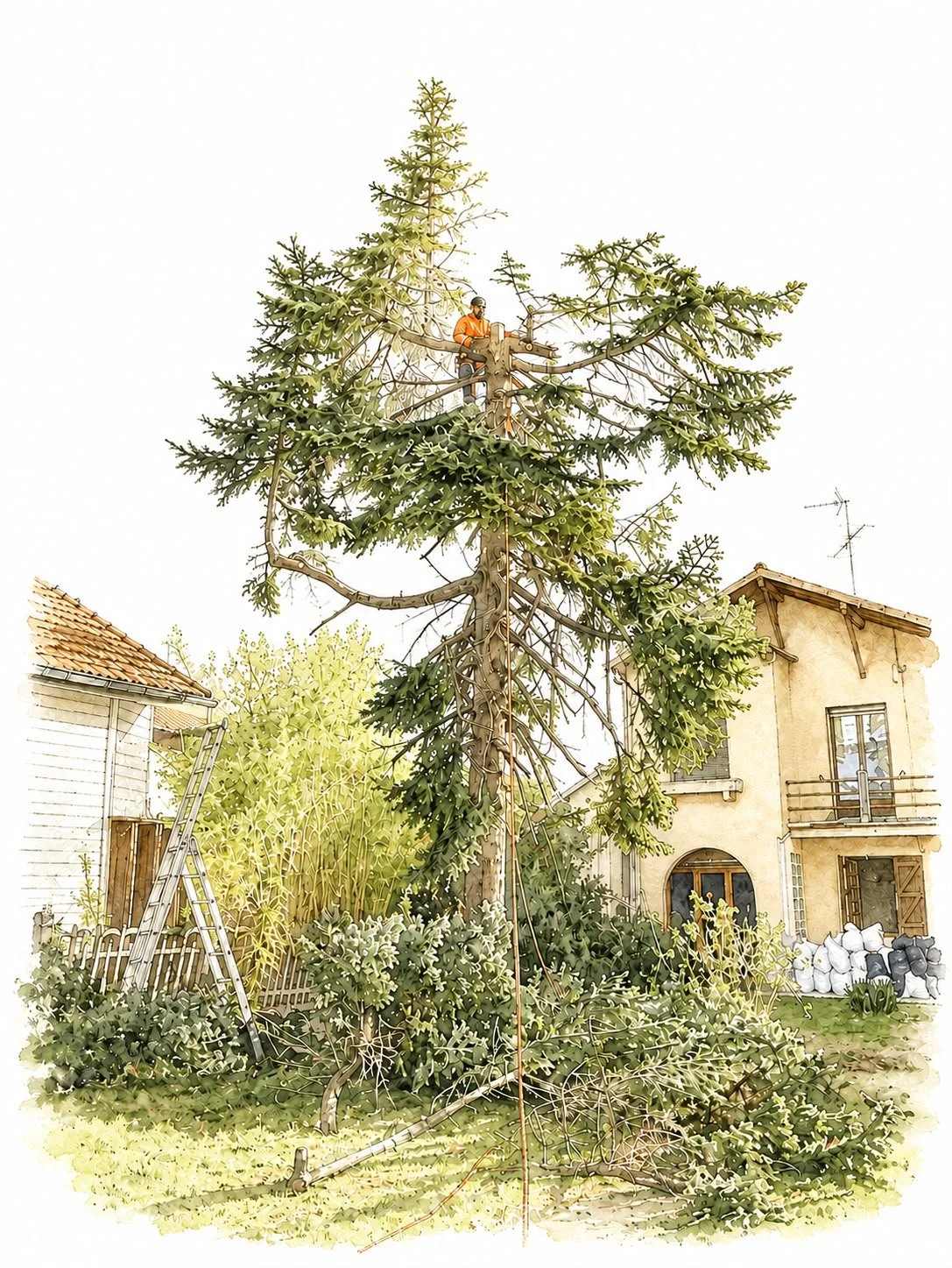 Entretien et abattage d’un arbre dans un jardin au centre-ville