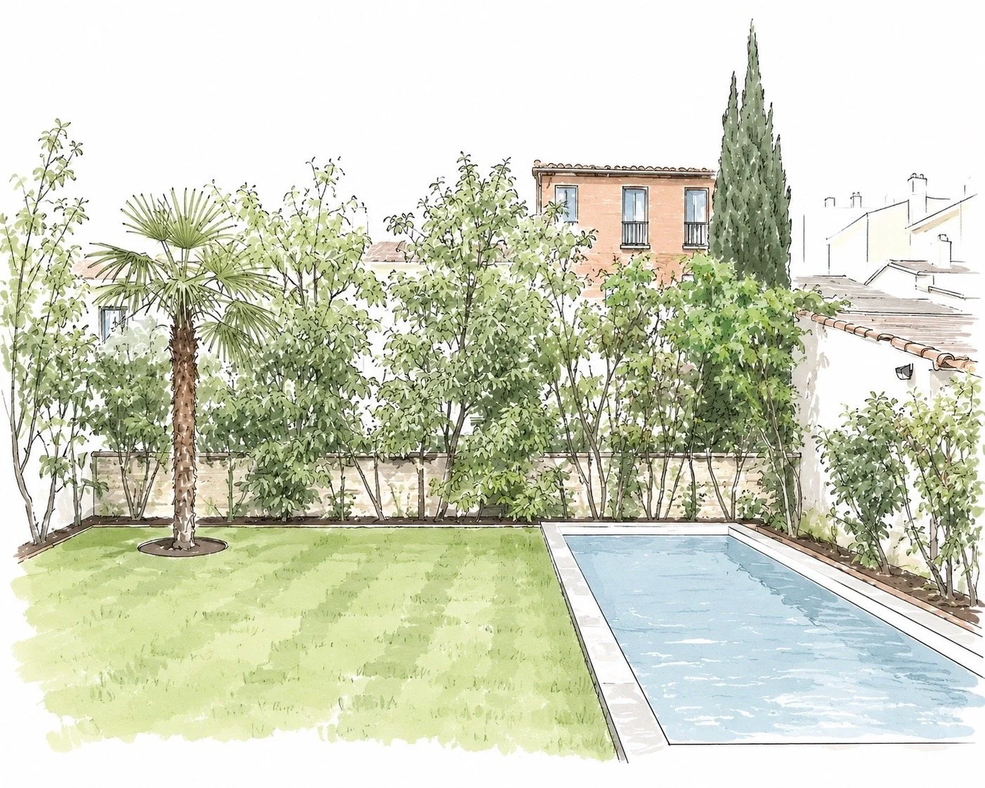 Un jardin avec une pelouse verte, quelques arbres et un petit arbre palms, une piscine rectangulaire, une clôture en bois et des bâtiments en arrière-plan.