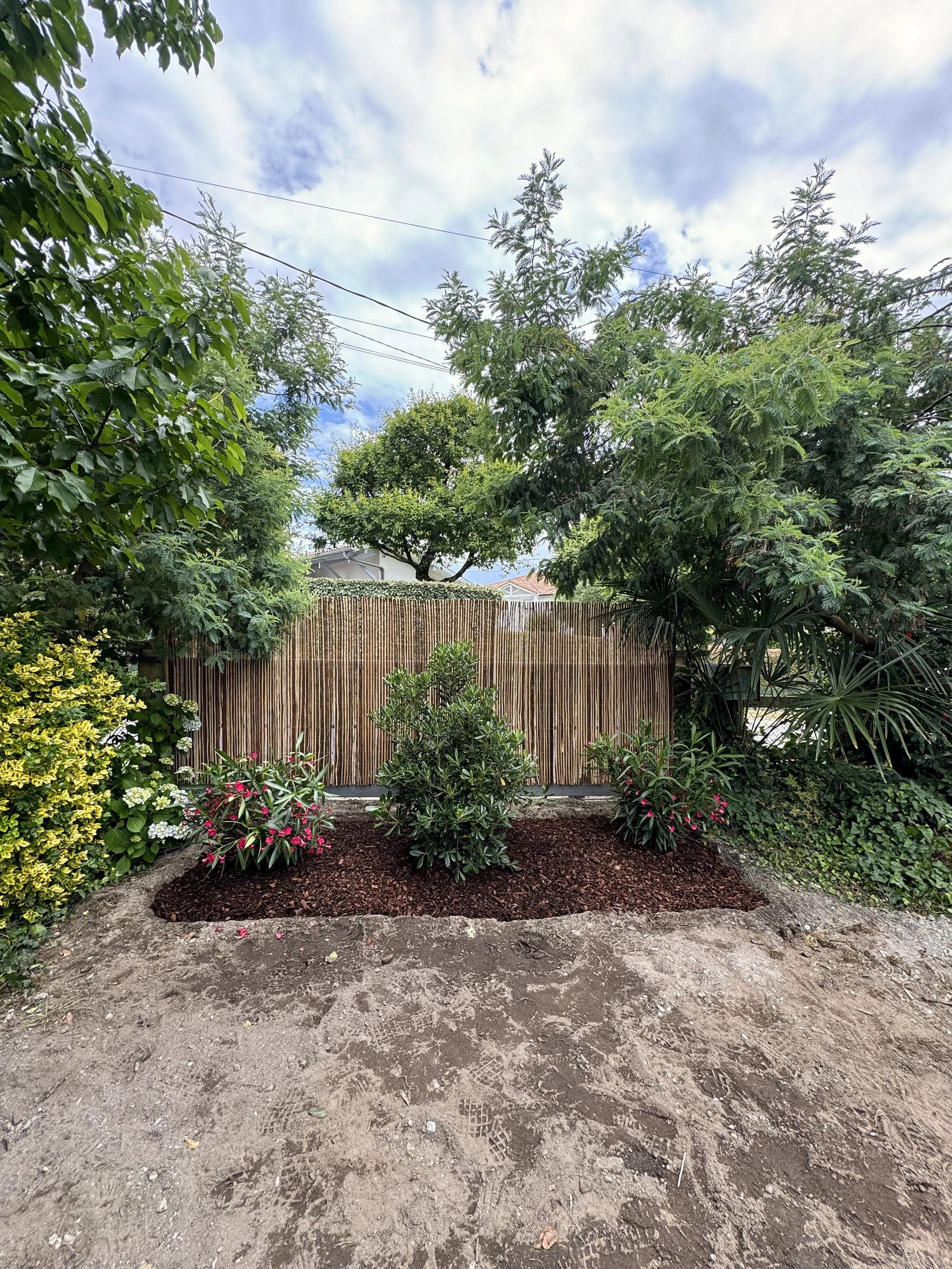 Jardin avec des arbustes, un panneau en bois, et des arbres en arrière-plan, ciel partiellement nuageux.