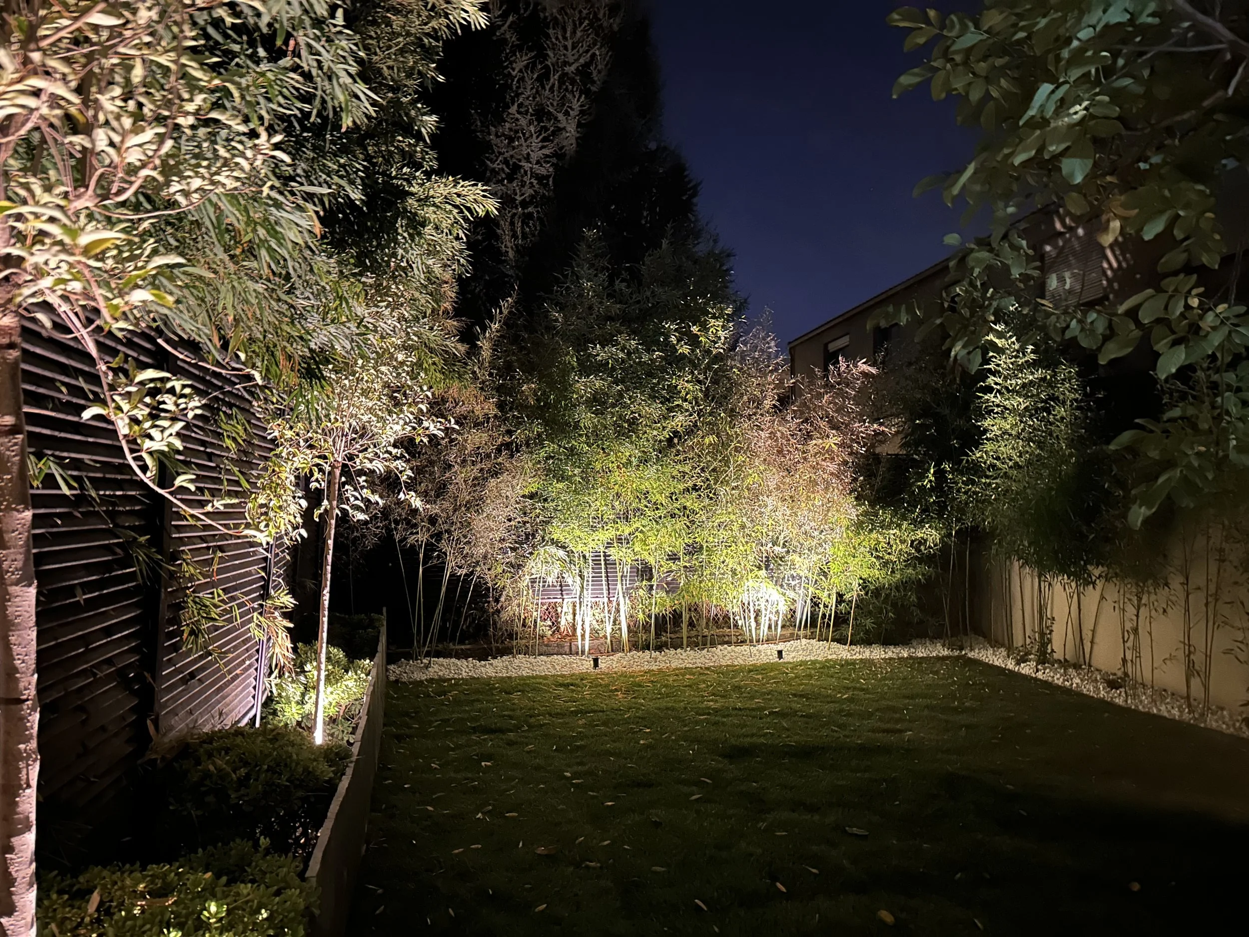 Jardin résidentiel éclairé la nuit avec des arbustes et des arbres, clôture en bois, maison en arrière-plan, ciel nocturne.