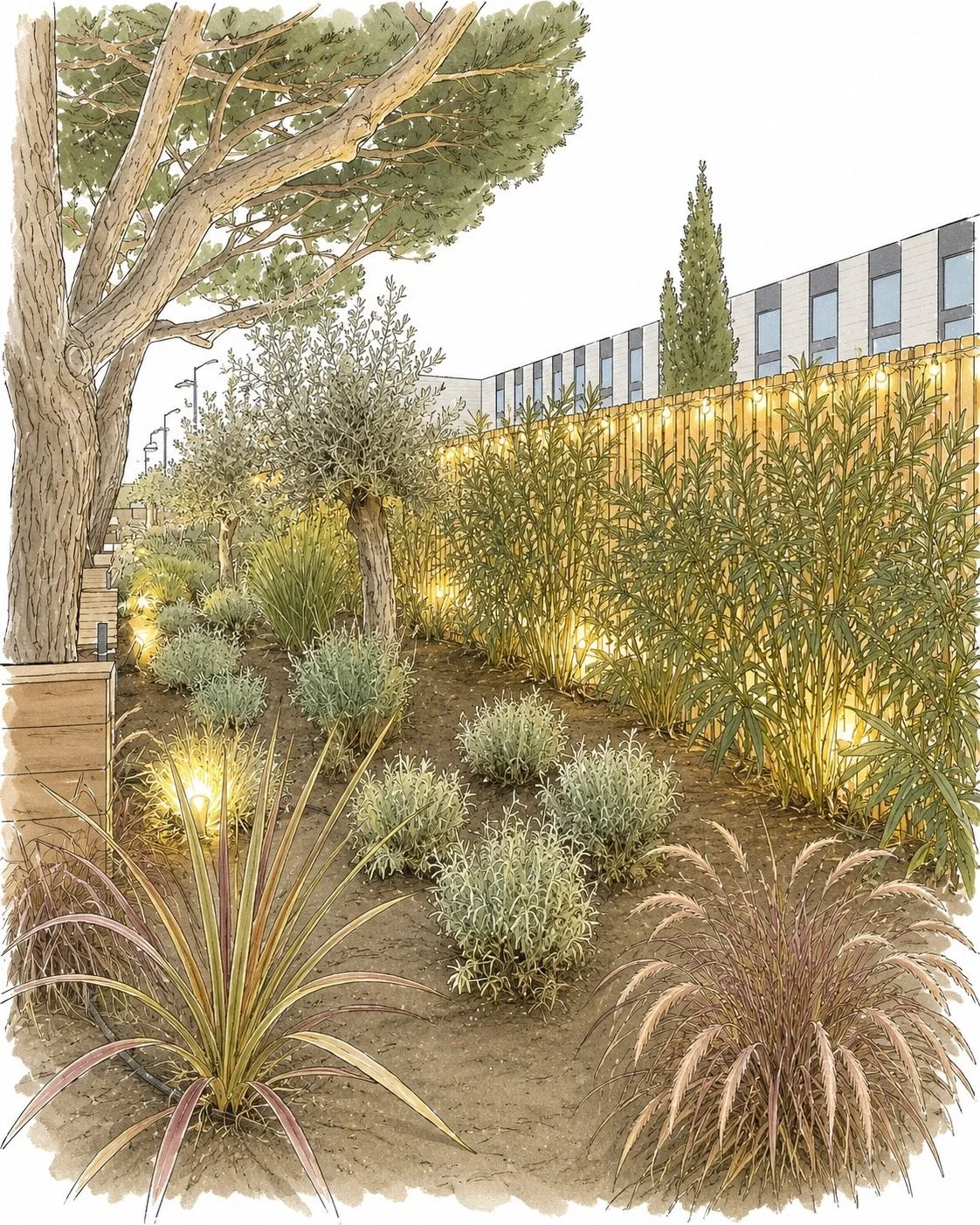 Jardin urbain avec des arbustes, des arbres et un mur en bois éclairé par des lumières