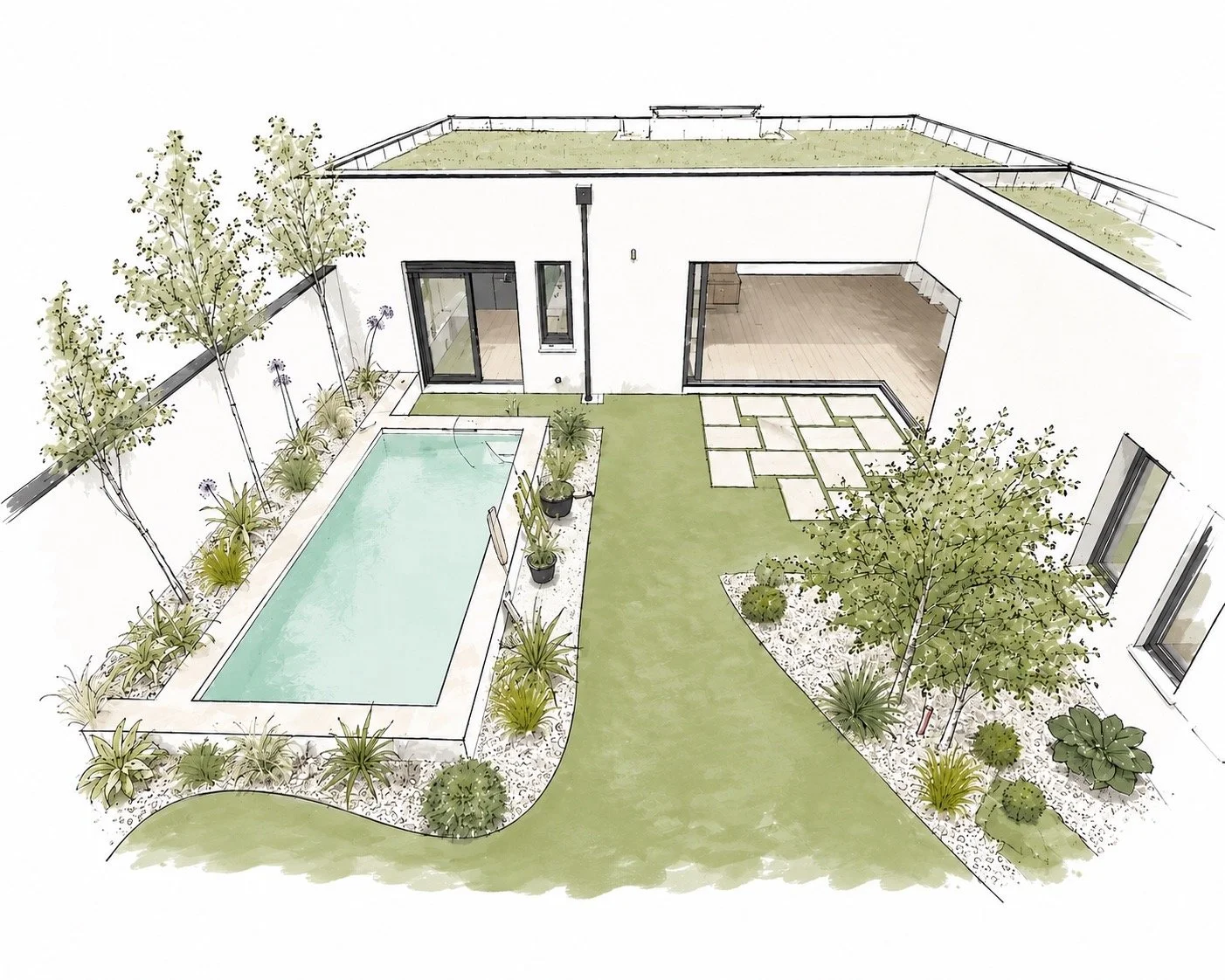 Vue en perspective d'une cour intérieure moderne avec piscine, espace vert, arbres et terrasse en bois, entourée de murs blancs avec fenêtres et portes coulissantes.
