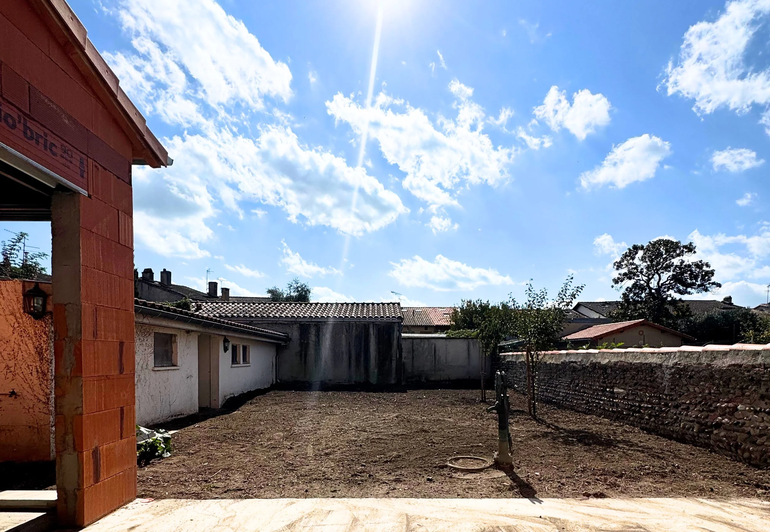 Un jardin vide avec une petite arbre et une clôture, sous un ciel bleu avec quelques nuages.