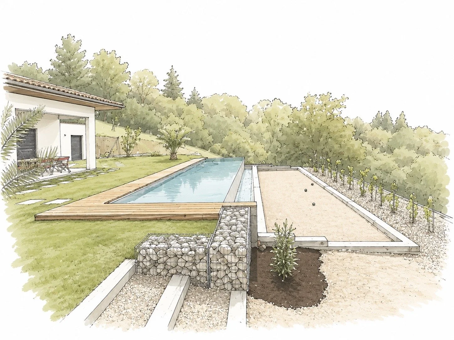 Illustration d'un jardin avec une piscine et un terrain de pétanque à côté, entouré d'arbres et de végétation.