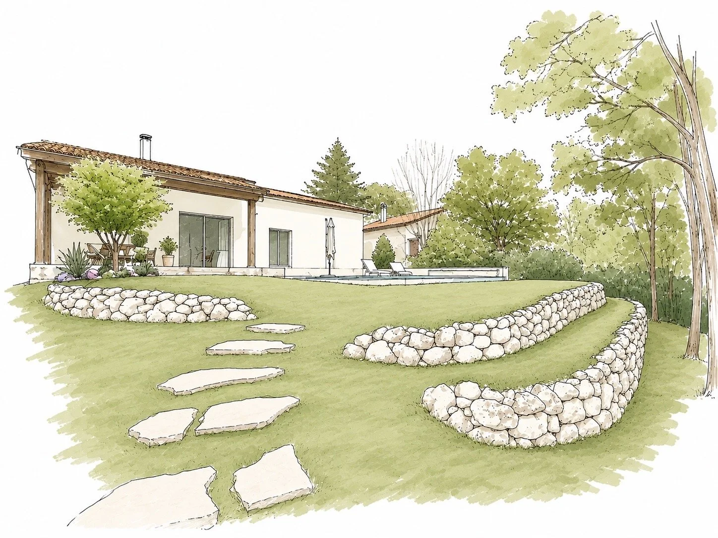 Illustration d'une maison moderne avec un jardin paysagé entouré de murs de pierres, avec des arbres, un patio avec parasol, chaises longues et des plantes