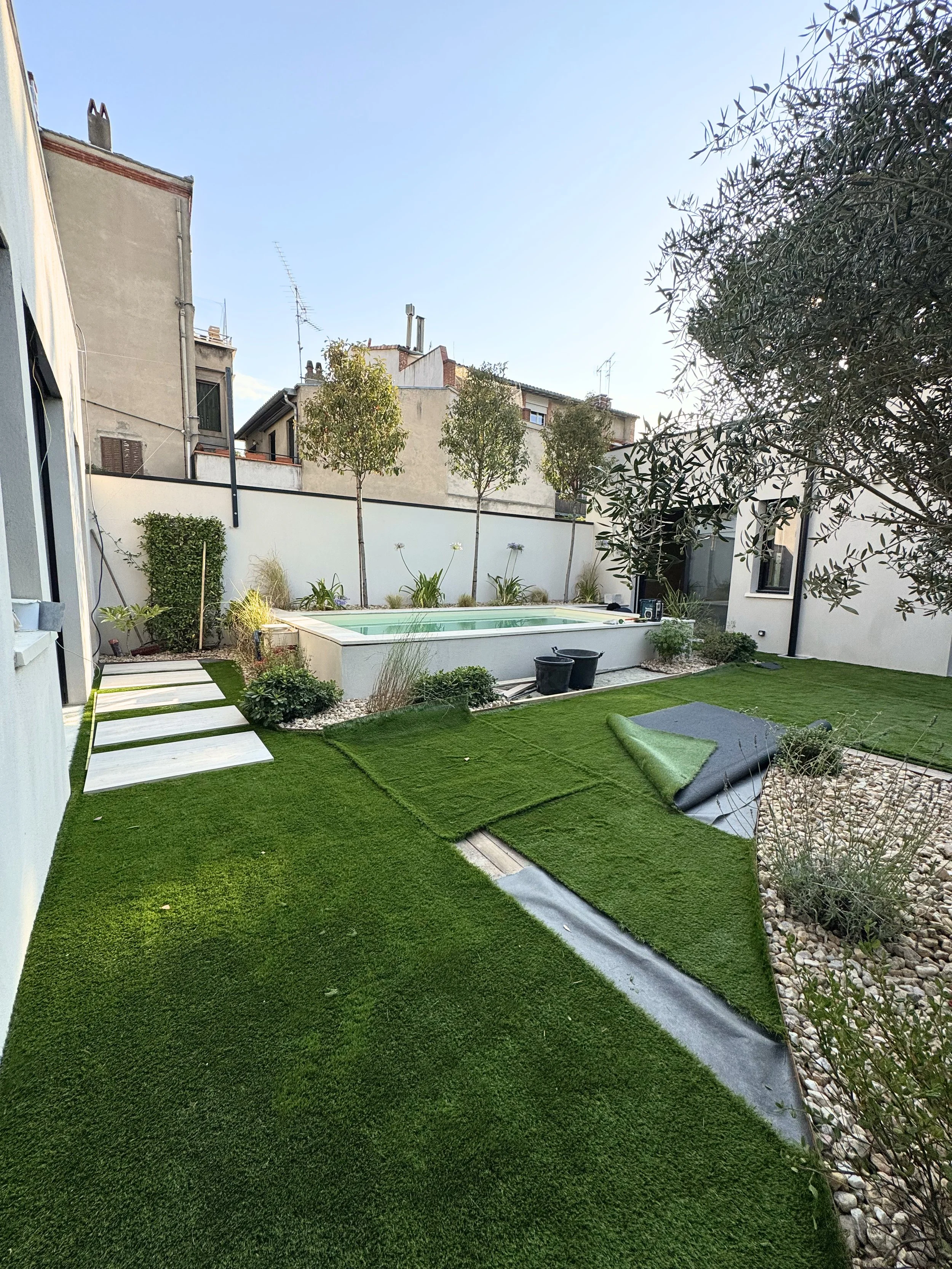 Un jardin avec une piscine, des pelouses, des plantes, et un mur blanc, dans un environnement résidentiel