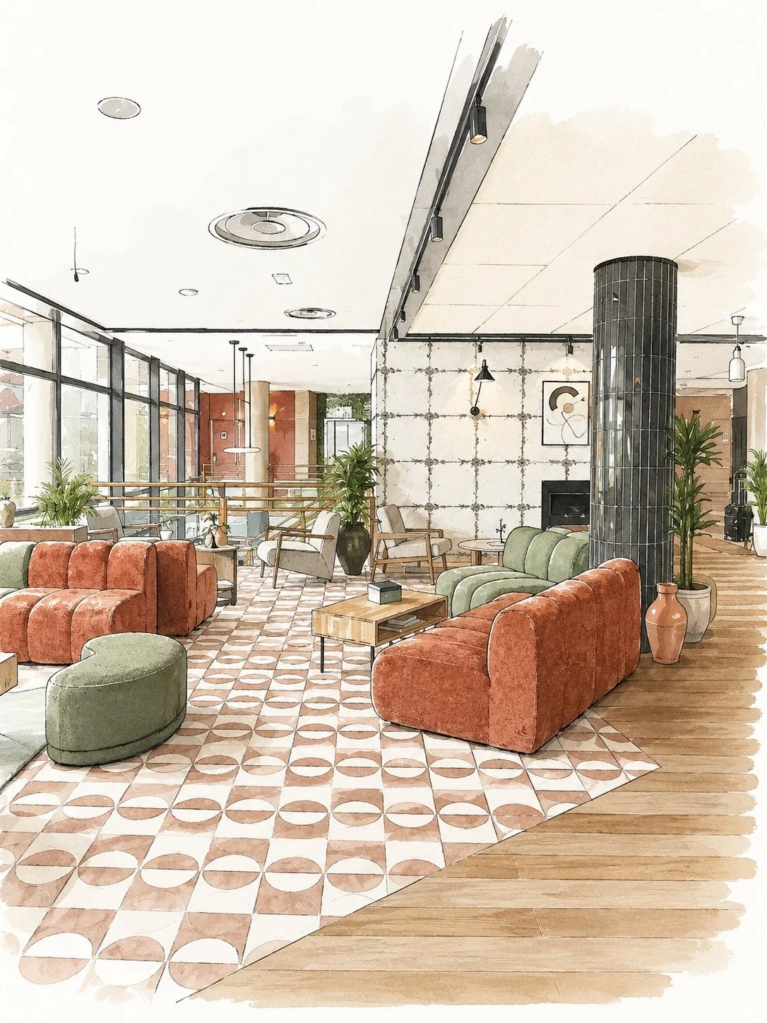 Intérieur d'un salon avec canapés en velours d'orange et de vert, beaucoup de plantes, un mur en briques blanches, un luminaire suspendu, et de grandes fenêtres laissant entrer la lumière naturelle.