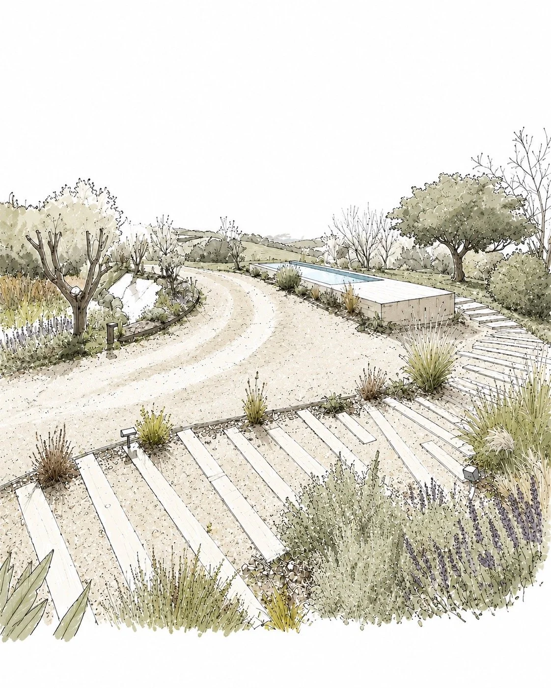Paysage naturaliste avec une allée en courbe, des arbres, des arbustes, une piscine rectangulaire, et une montée pavée sur la droite, dans un style de dessin ou d'illustration en couleurs pastel.