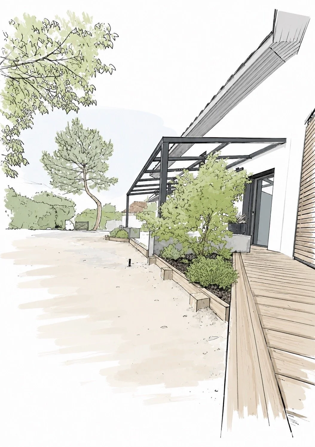 Illustration d'une maison moderne avec véranda en métal, terrasse en bois, plantes vertes dans un jardin, et grands arbres autour.