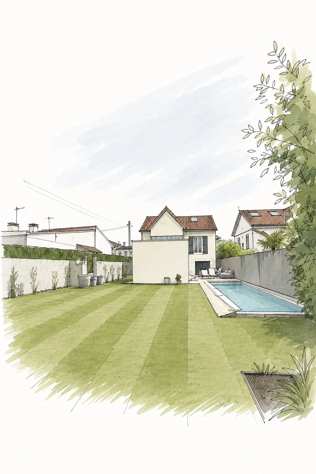 Un jardin avec une pelouse verte, une piscine, des maisons en arrière-plan, et un ciel clair.