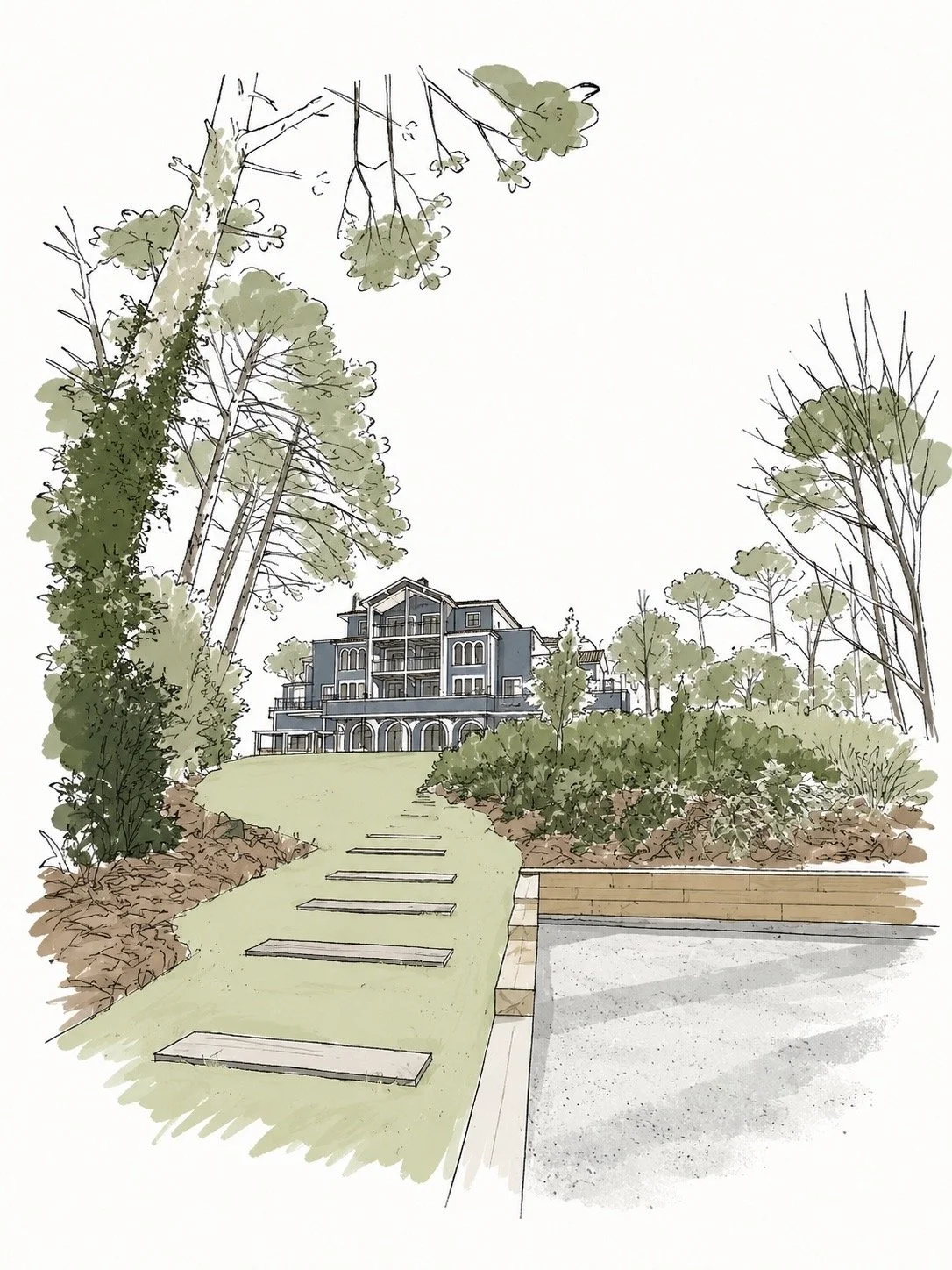 Une illustration d'un hôtel à plusieurs étages entourée d'arbres et d'une végétation, avec un chemin menant à un boulodrome..