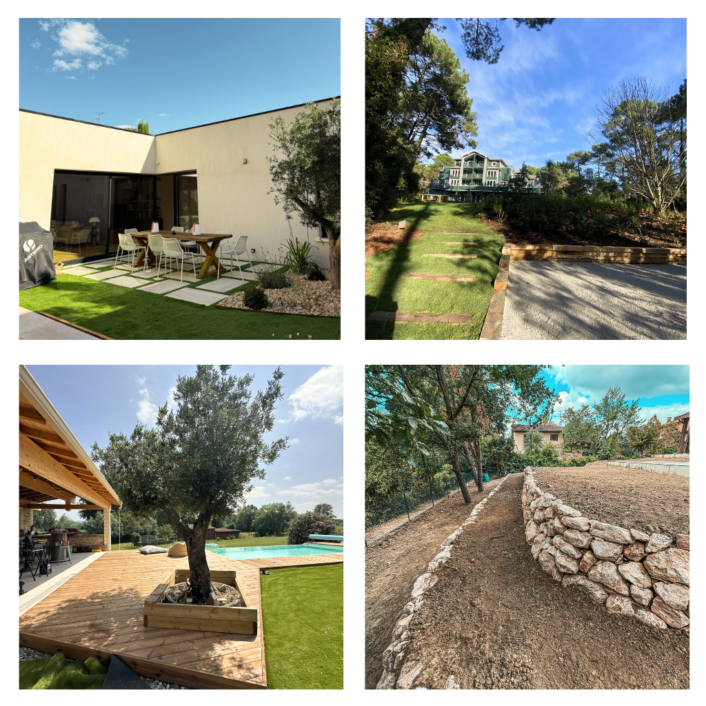 Quatre images de jardins et d'extérieurs de maisons. Le premier montre une terrasse avec une table et des chaises, le second un chemin de gravier et une maison en hauteur entourée d'arbres, le troisième un arbre centenaire sur une terrasse en bois près d'une piscine, et le quatrième un jardin en cours d'aménagement avec une pierre de rempart.
