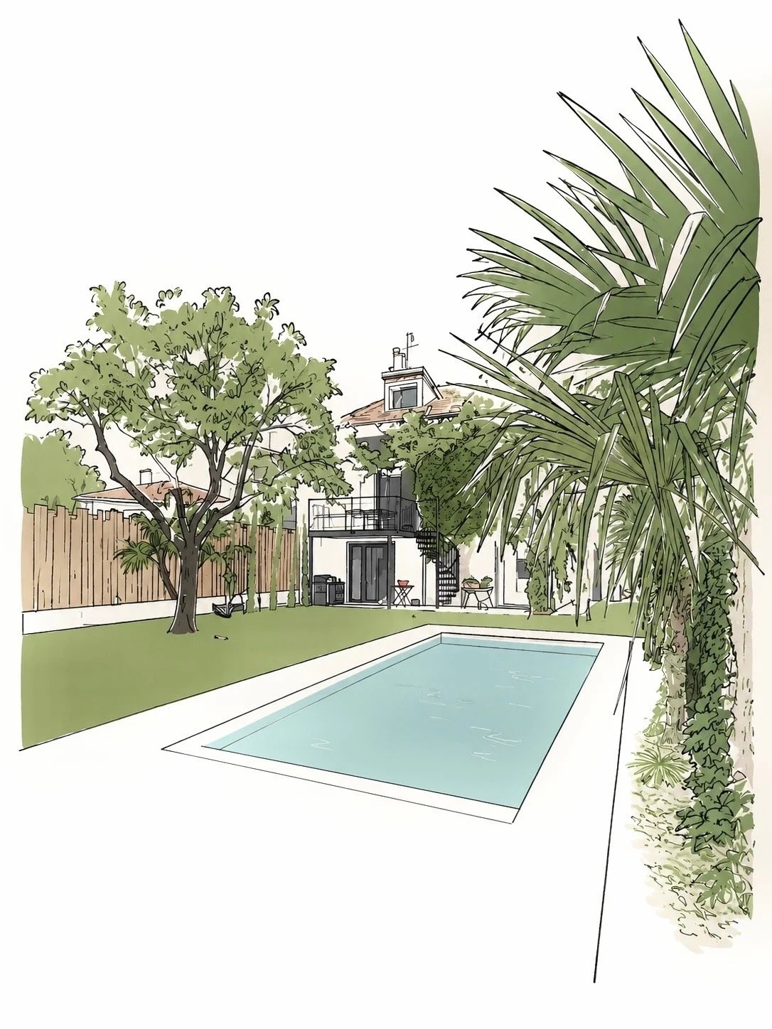 Un jardin avec une piscine à côté d'une maison, entouré d'arbres et de plantes tropicales, avec une clôture en bois et un ciel clair.